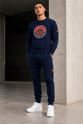 Stone Island-Inspired Sweatshirt & Cargo Pants Set - NAVY BLUE