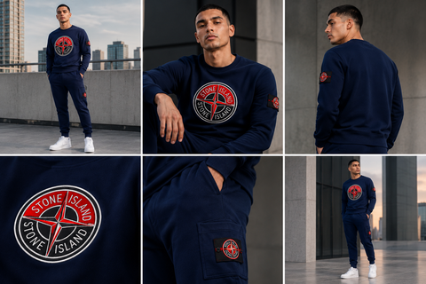 Stone Island-Inspired Sweatshirt & Cargo Pants Set - NAVY BLUE