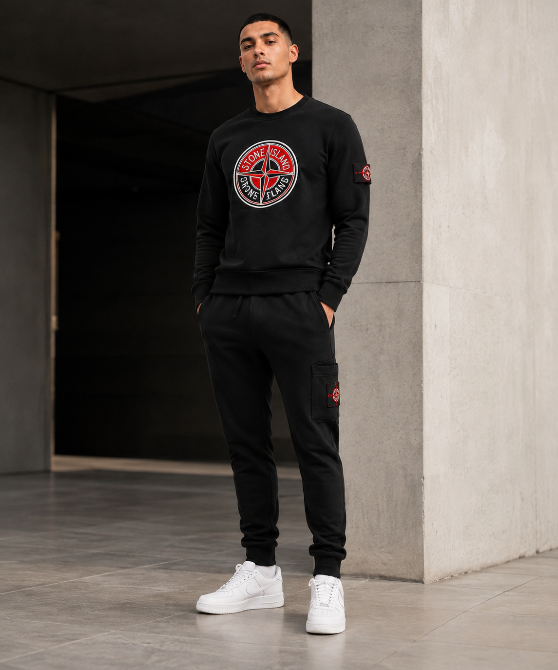 Stone Island-Inspired Sweatshirt & Cargo Pants Set - NAVY BLUE