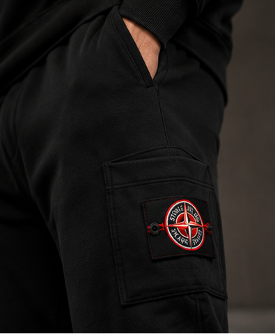 Stone Island-Inspired Sweatshirt & Cargo Pants Set - BLACK