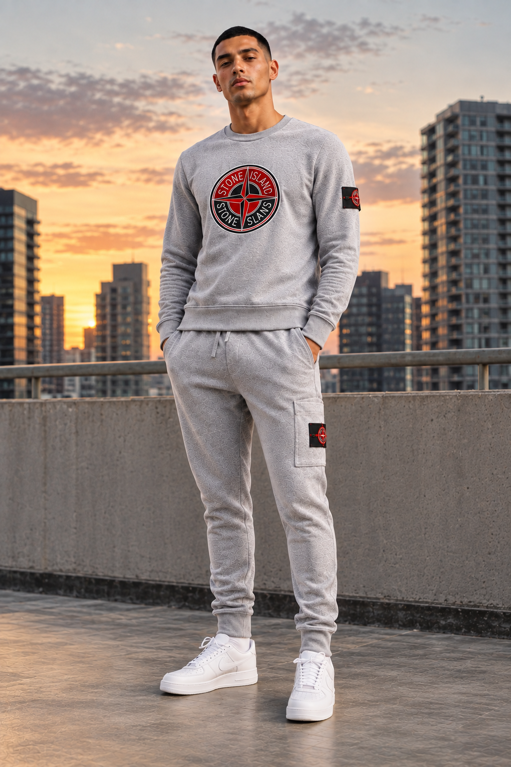 Stone Island-Inspired Sweatshirt & Cargo Pants Set - GREY