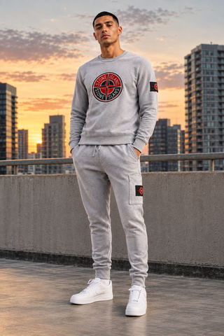 Stone Island-Inspired Sweatshirt & Cargo Pants Set - BLACK
